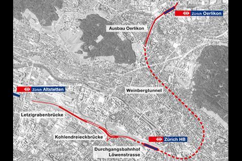 Map of the Zürich Durchmesserline project. (Image: SBB)